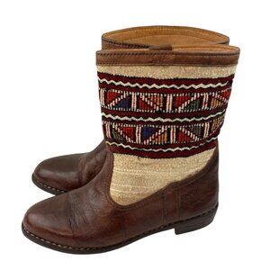*Womens Kilim Moroccan Boots Size 8.5-9? Brown Leather Western Blanket Fabric